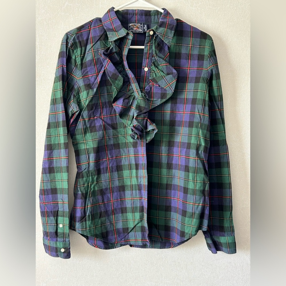 American Living | Navy and Green Plaid Shirt | Size Medium